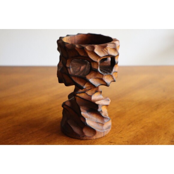 Vtg MCM Brutalist Carved Twisted Chalice Burl Wood Candle Holder Stand Tiki 6" - Picture 5 of 13